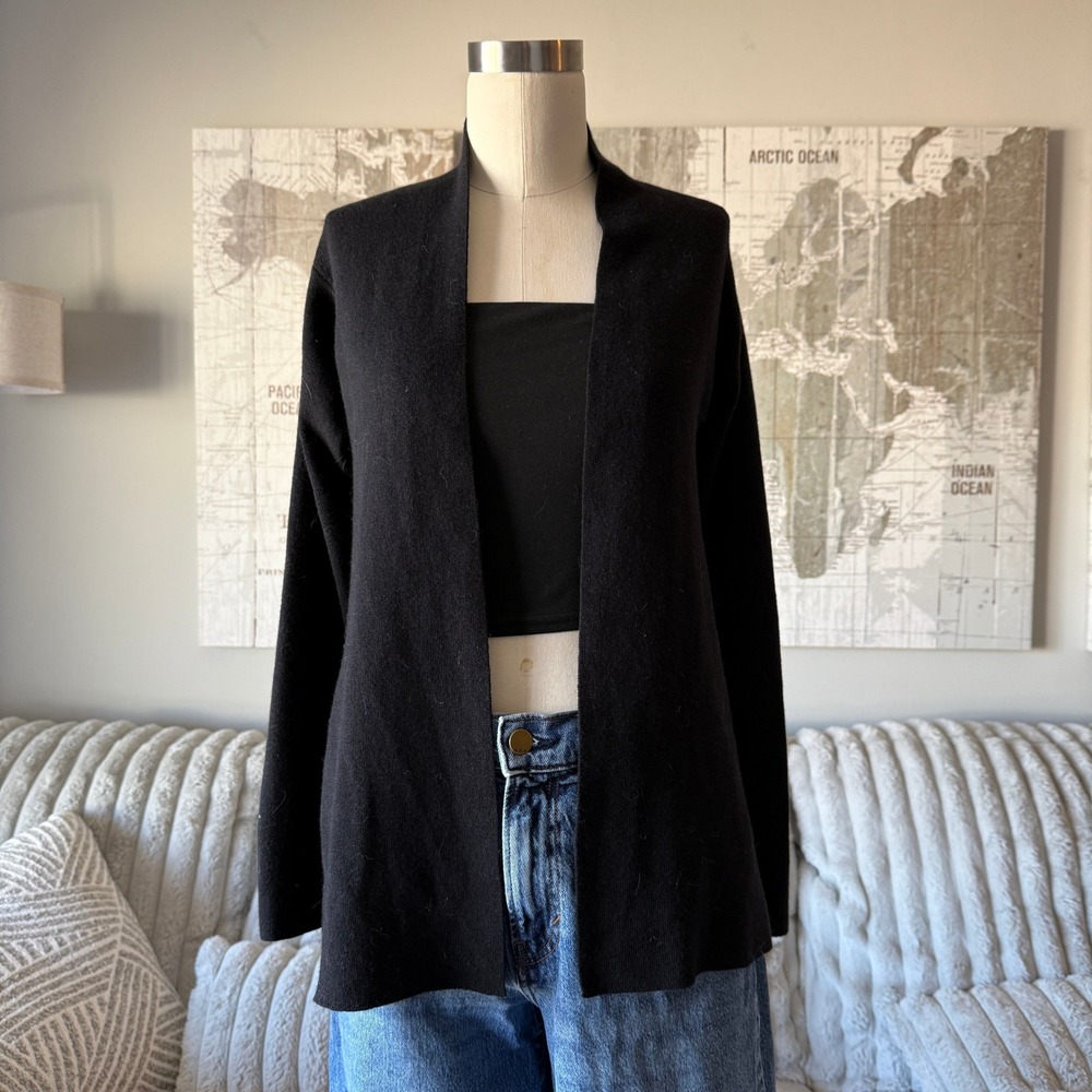 Eileen Fisher Black 100% Wool Italian Yarn Open Front‎ Cardigan XS 83ECW